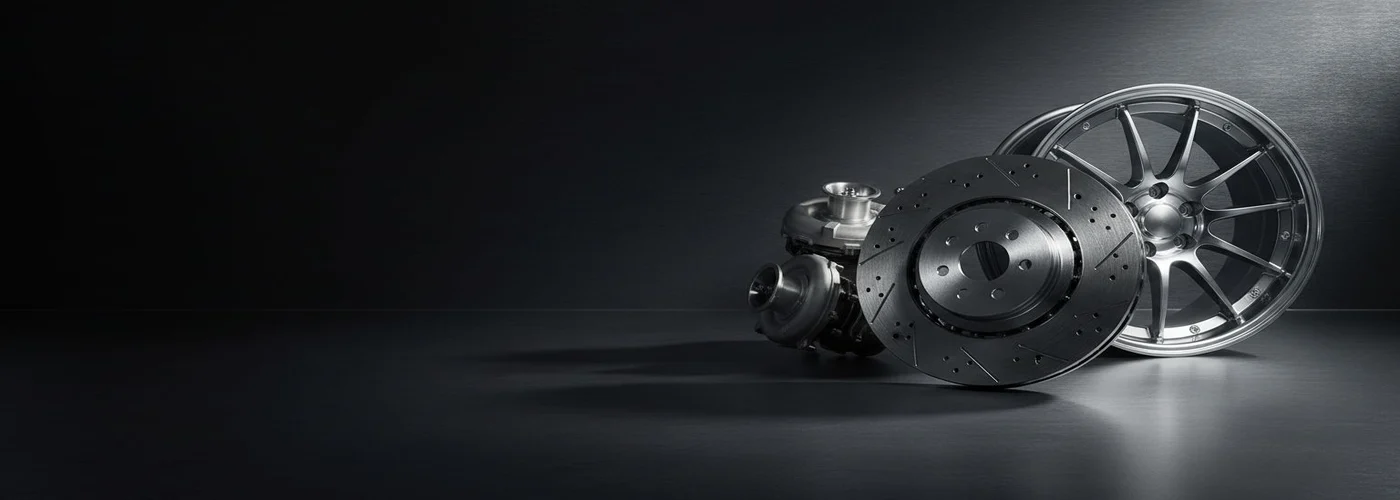 An alloy wheel, brake disc and turbocharger on dark brushed steel.