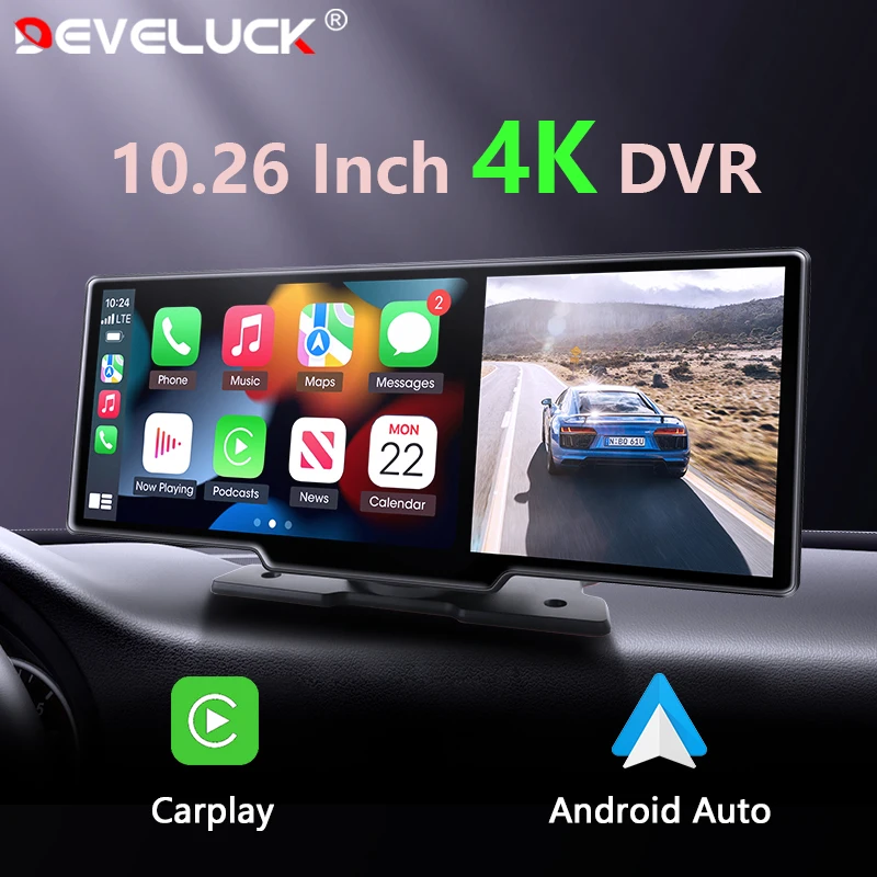 10.26″ Car DVR Carplay Android Auto Dashcam 4K 3840*2160 Front and 1080P Rear Camera Voice Control GPS Wifi Recorder Dual lens