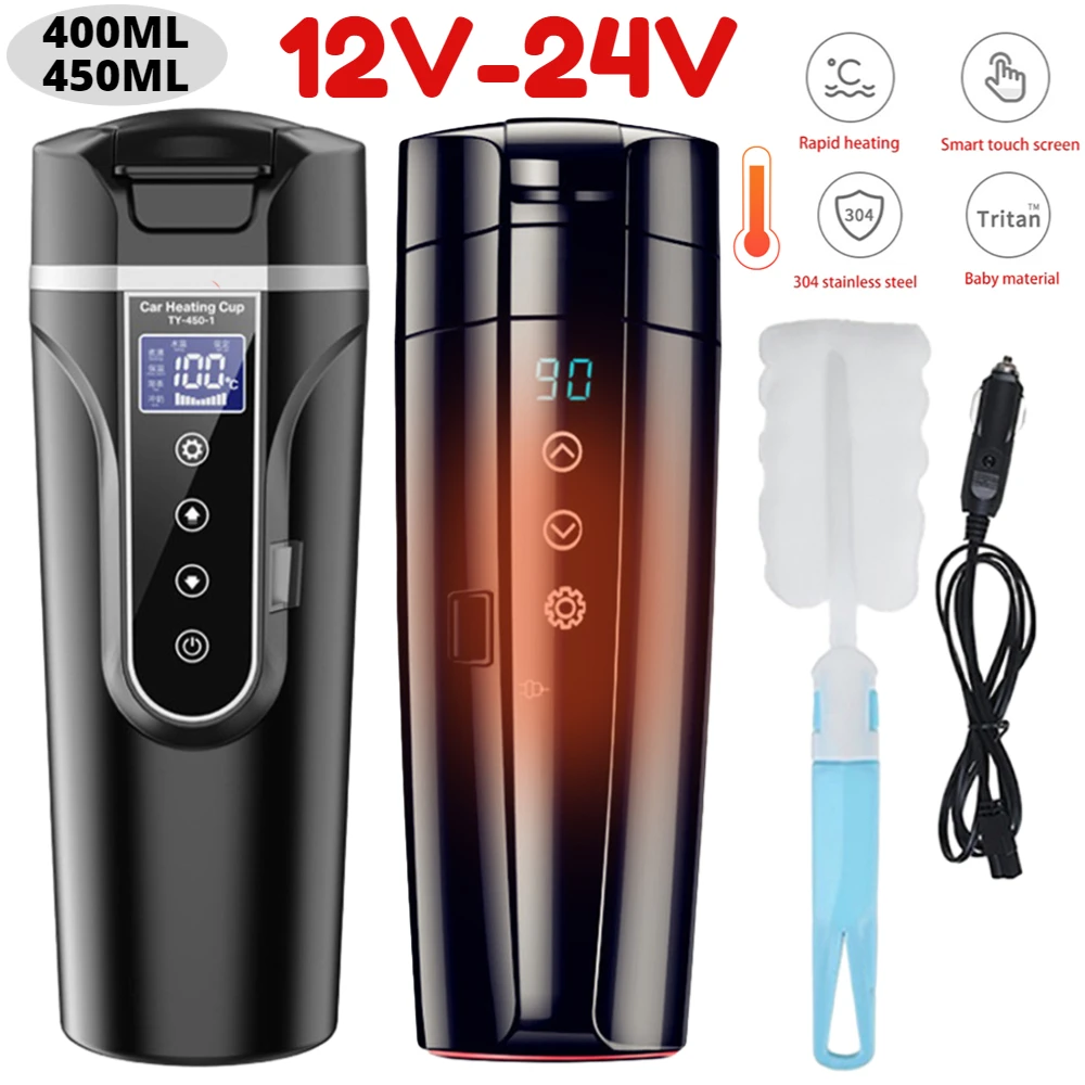 12V 24V Car Heating Cup Portable Electric Kettle 400/450ML Smart Digital Thermos Stainless Steel Coffee Mug Thermal Water Bottle