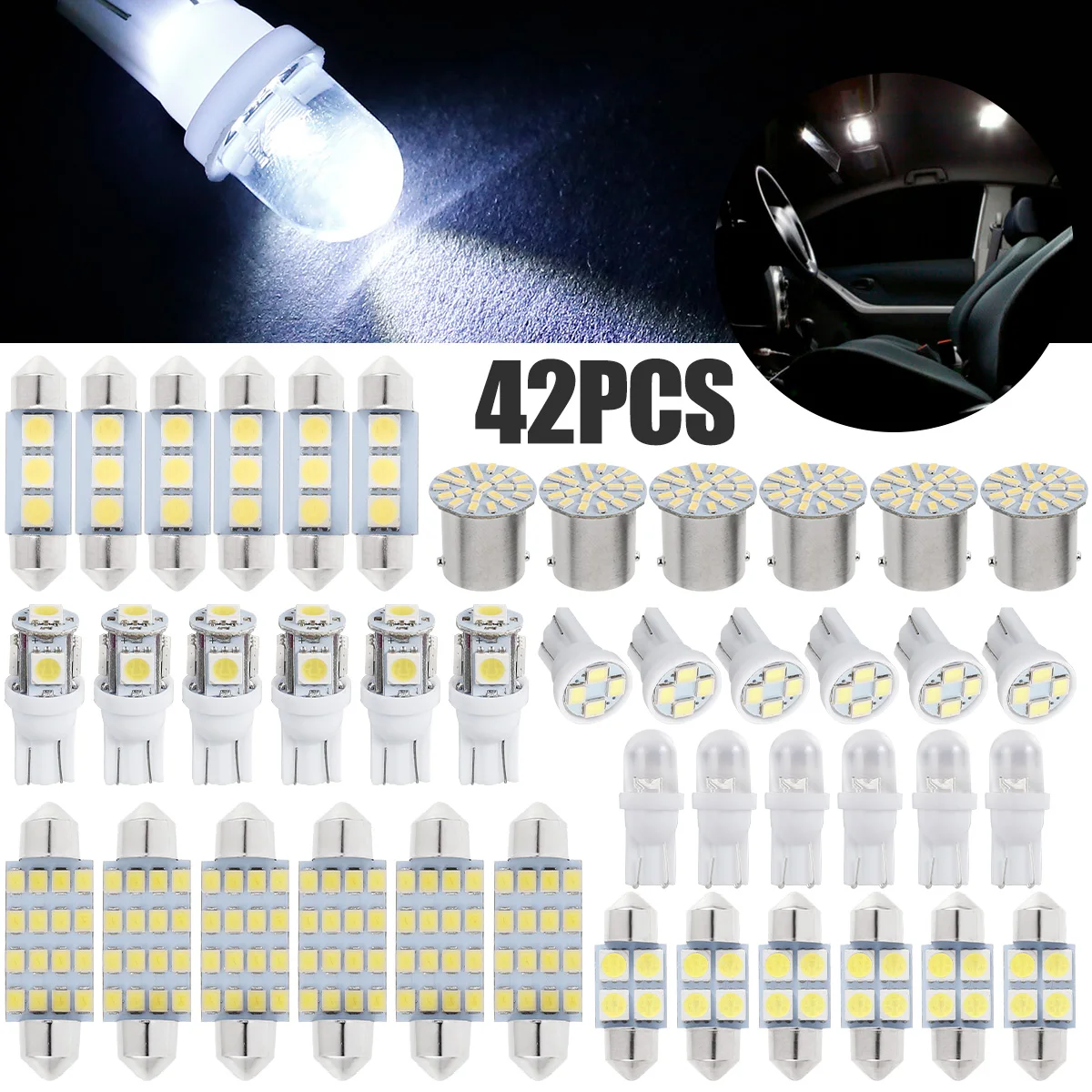 42PCS LED Bulb Xenon White Interior Light Bulbs T10 6000K SMD Replacement Light Bulbs for Cars Dome License Plate Reading Light