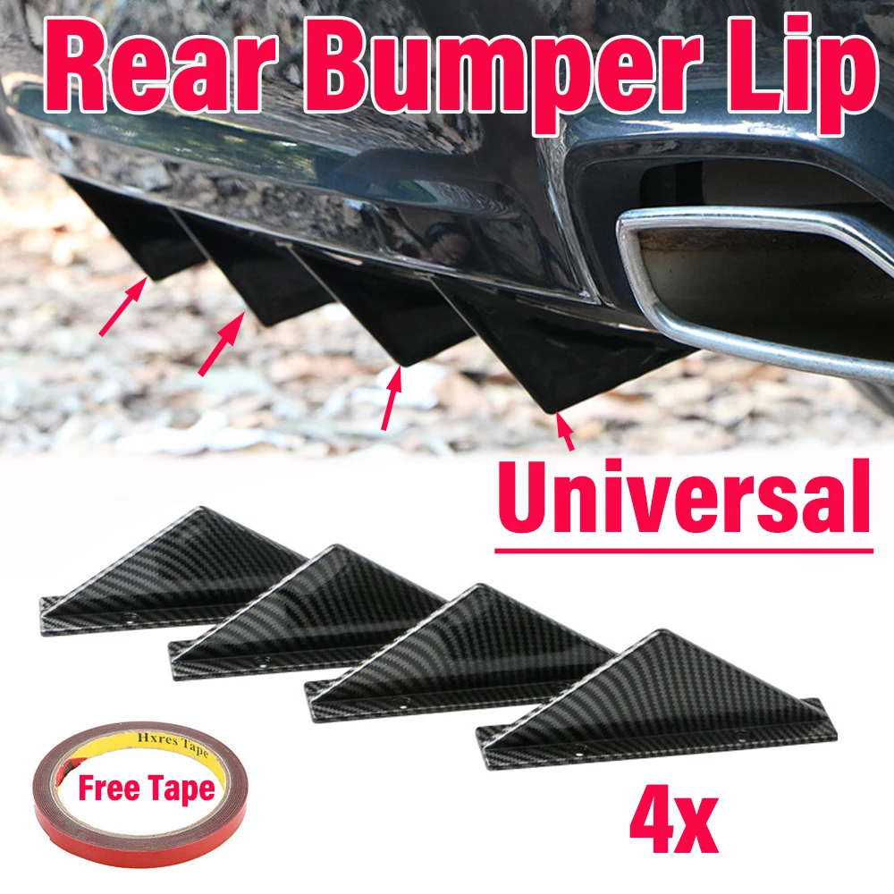 4pcs Carbon Fiber/Glossy Black Rear Bumper Diffuser Spoiler Lip Splitter Flat Shark Fin Style Body Kits Universal
