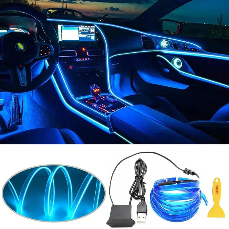 5/3/1M Car Interior Led Strip Light Neon EL Wiring Decorative Lamp For Auto DIY Flexible Ambient Light USB Party Atmosphere Diod