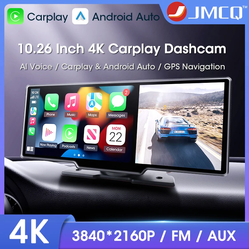 JMCQ 10.26″ Car DVR Carplay Android Auto Dashcam 4K 3840*2160 Front and 1080P Rear Camera Voice Control GPS Recorder Dual lens