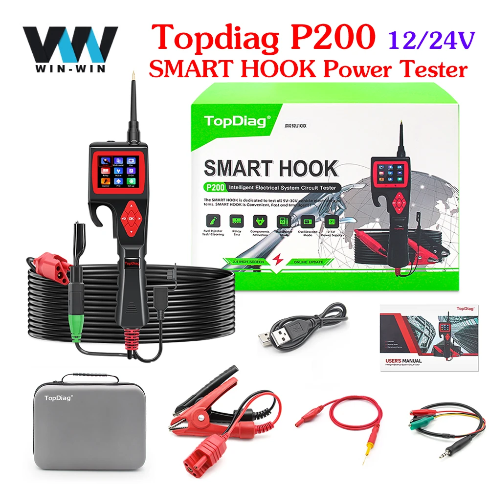 TopDiag Jdiag P200 12V 24V SMART HOOK Power Probe Car Circuit Analyzer Tester Digital Test Electrical System Detector Multimeter