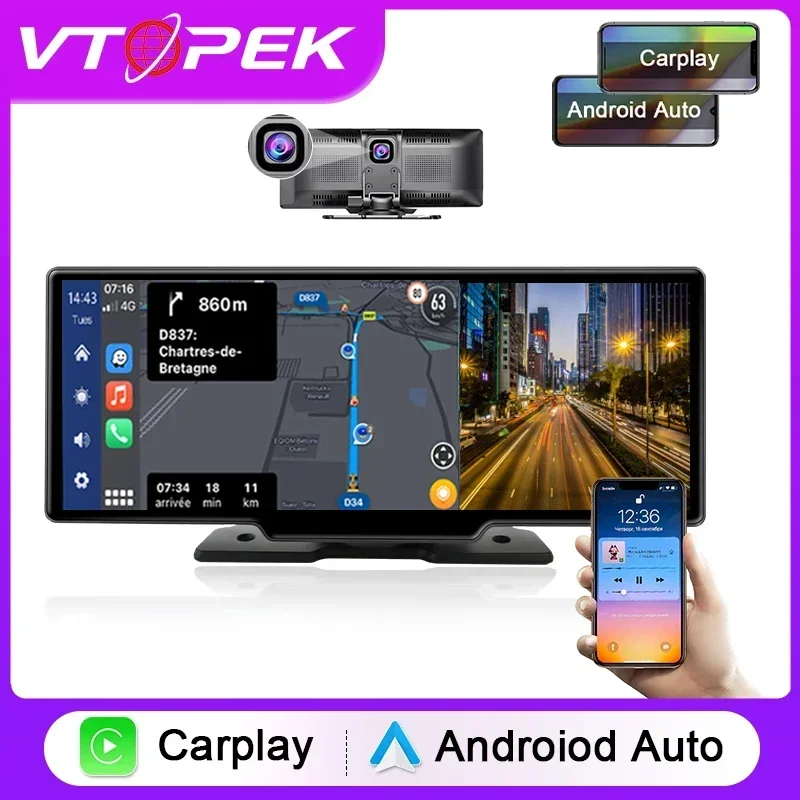 Vtopek 10.26″ Dash Cam 4K Car Mirror Video Player Wireless Carplay Android Auto Car Monitor Multimedia GPS Rearview Camera