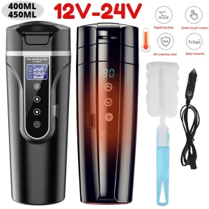 12V 24V Car Heating Cup Portable Electric Kettle 400/450ML Smart Digital Thermos Stainless Steel Coffee Mug Thermal Water Bottle
