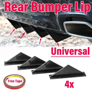 4pcs Carbon Fiber/Glossy Black Rear Bumper Diffuser Spoiler Lip Splitter Flat Shark Fin Style Body Kits Universal